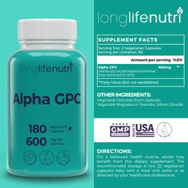 Alpha GPC Choline Supplement 600mg – 180 Vegetarian Capsules, High Purity Nootropic for Daily Energy, 3-Month Supply, Acetylcholine Source for Cognitive & Mental Clarity, GMP Certified, Made in USA