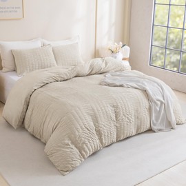 Litanika Beige Seersucker Comforter Set King Size, 3 Pieces Cute Lightweight Seersucker Bedding Set & Collections, Soft Bed Set as Gifts (104x90In Comforter & 2 Pillowcases)