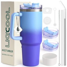 LiqCool 40 Oz Tumbler with Handle 2 Straws and 2 Lids, Silicone Boot & Leakproof Spill Stopper Set, Stainless Steel Vacuum Insulated Tumbler, Keep Cold 26H, Cupholder Friendly(Deep Blue)