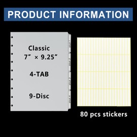 2 Set 4-Tab Happy Planner Dividers 9-Disc 7” x 9.25” Classic Size Discbound Notebooks Dividers Blank Index Dividers Accessories with 80 Pcs Stickers, Semi-Transparent (8 Sheets)