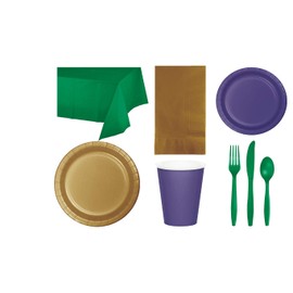 Mardi Gras Party Decorations, Bundle of Purple, Gold and Green Color Party Tableware for 24 People, Box of 197 Total Pieces