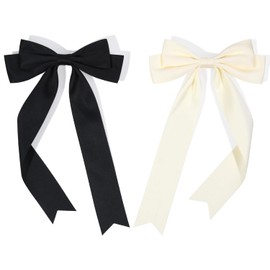 2PCS Hair Ribbon Bows,Large Silky Satin Hair Bows Hair Clip With Long Tail,Slides Metal Clips,Bow Hair Clips for Women Girls and kids (Black,Beige)
