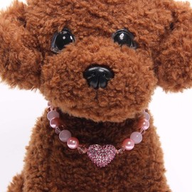 XKSRWE Dog Cat Pearls Necklace Collar with Bling Heart Charm Pendant Pet Puppy Jewelry for Dogs Cats (S, Pink)