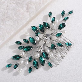 Lenjicons Elegant Flower Rhinestone Hair Comb Faux Pearls Rhinestone Wedding Headpiece Luxuries Crystal Beads Bridal Hair Comb Wedding Hair Accessories for Women (peacock green(silver))