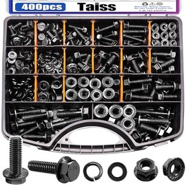 Taiss 400PCS Metric Flange Bolt Assortment kit,10.9 Grade M6x1.0, M8x1.25, M10x1.5 Bolts (12mm to 45mm) Black zinc Plating Hex Bolts and Nuts Washers,Metric Bolt Assortment