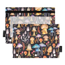 PJGINUIUA 3 Ring Binder Pencil Pouch 2 Pack Mushrooms Pencil Case Pencil Bags with Zipper, Clear PVC Binder Pockets for Office Daily Supplies
