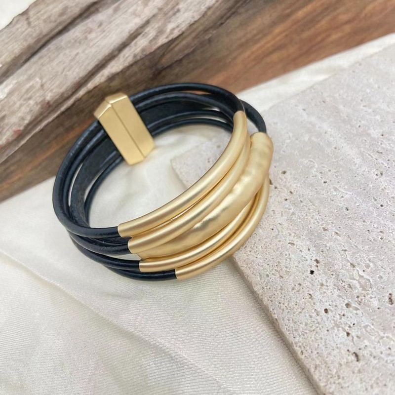 YKKZART Black Leather Btacelets for Women Leather Bangle Chunky Gold