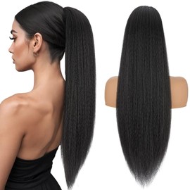 Silk-co Yaki Wavy Ponytail 60 cm, Synthetic Wavy Hair Extension with Drawstring, Natural Ponytail Braid Extension Hairpiece for Women, Natural Black