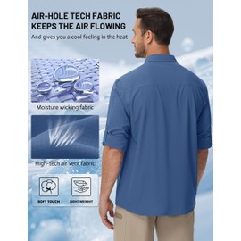 TACVASEN Button Down T-Shirts Long Sleeve Fishing UV SPF UPF 50+ Sun Shirts Quick Dry Outdoor Lightweight Tops Blue Grey XL