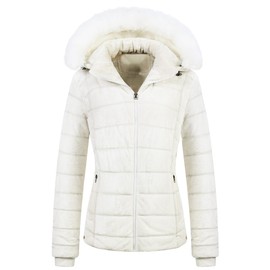 Chrisuno Women's Faux Fur Snow Work Coat Parka Puffer Quilted Jacket With Removable Hood XL White