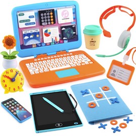 Pretend Play Home Office Set for Kids, Features Toy Laptop Computer, LCD Writing Tablet, Toy Phone, Headset, Sunflower & Coffee Cup, Toys Gifts for Boys Girls Age 3-5-7