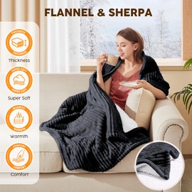 HYLEORY Heated Blanket Electric Throw, Soft Flannel Sherpa Heater 5 Heat Settings and 3 Hours Auto Shut-Off Heating Blanket ETL Certification Over-Heat Protection Machine Washable,Deep Grey