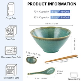 Large Salad Soup Ramen Serving Bowls, 71 OZ Ceramic Japanese Ramen Noodle Bowl with Chopsticks, Spoons and Rests - Super Big Bowl Sets for Udon, Pho, Pasta, Cereal, Set of 2 - Reactive Green