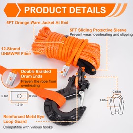 RUHUO Synthetic Winch Rope Kit, 1/4" x50' Winch Cable with Protective Sleeve, Heavy-Duty Winch Hook and Rubber Stopper, Winch Accessories for Off-Road SUV, UTV, ATV (Orange, 1/4" x50')