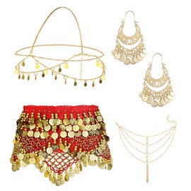 ORAZIO 4 Sets Women's Belly Dance Accessories,Belly Dance Hip Scarf Wrap Belt,Bohemian Gold Coin Drop Earrings Headpiece Small Coins Hair Chain Tassel Anklet Bracelet Gypsy Costume for Women