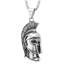 Spartan Warrior Helmet Necklace for Men, Steel Greek Soldier Pendant with Detailed Crest Design