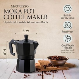 Mixpresso Black 3 Cup Moka Pot Cuban Coffee Maker, Moka Pot for Gas, Electric Stove Top, Classic Italian Coffee Maker, Stovetop Espresso Maker, Camping Pot Makes 3 Espresso Cup 5 Oz