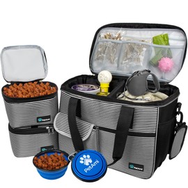 PetAmi Dog Travel Bag, Travel Pet Bag Organizer, Dog Food Travel Bag with Food Container and Bowls, Dog Travel Supplies Gift Accessories for Weekend Camping, Dog Cat Diaper Bag (Stripe Black, Medium)