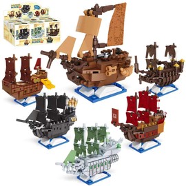 YCJZXMS 6-in-1 Pirate Ship Building Blocks Set, Mini Brick Pirate Ship Model Kit, Detailed Ship Collection for Display, Creative Hobby Building Set, Gift for Teens & Adults 14+