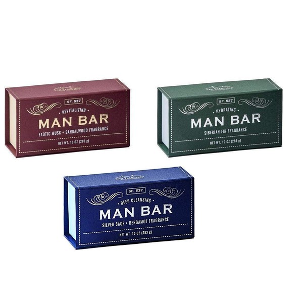 San Francisco Soap Company - Set of 3 Man Bars - Deep Cleansing (Silver Sage & Bergamot), Hydrating (Siberian Fir) and Revitalizing (Exotic Musk + Sandawood) 10 Ounce Each