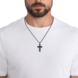 JerryHardice Soccer Cross Necklace for Men, Black Stainless Steel Cross Bible Verse Pendant Chain 22+2 Inch, Communion Baptism Religious Graduation Gifts for Him