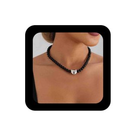 Enautoabs Vintage Onyx Beaded Necklace Black Bead Heart Chain Necklaces Round Onyx Beads Choker Necklace Bead Strand Necklaces Jewelry for Women