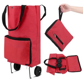 Collapsible Trolley, Folding Bag with Rubber Wheels - Foldable Shopping Cart, Oxford Cloth Reusable Cart for Supermarket, Capacity Bag (Red)