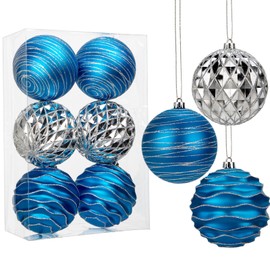 4.3" Large Christmas Balls Ornaments Set, 6-Pack Xmas Tree Decorations Balls, Shatterproof Glossy Hanging Plastic Indoor Christmas Decorations, Assorted Blue and Silver Ornaments for Holiday, Party