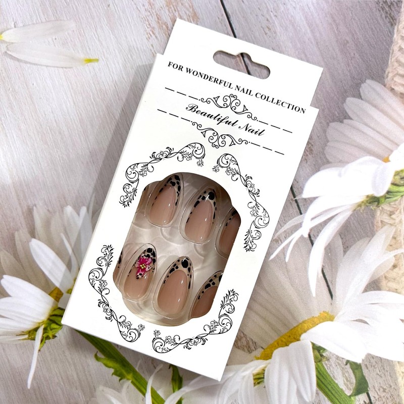 CJDLTS Leopard French Tip Press on Nails Medium Almond Nails