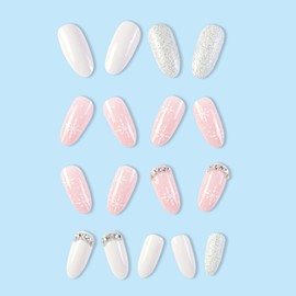 Christmas Press on Nails Medium Almond Fake Nails White Snowflake False Nails with Designs Rhinestones Stick on Nails Glitter Glossy Glue on Nails Winter Xmas Nail Art Decorations for Women 24 Pcs