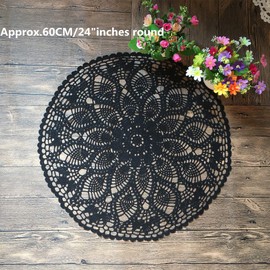 MINDPLUS Cotton Hand Crochet Doilies Lace Crocheted Tablecloth Doilies Placemat 60 cm Round Black