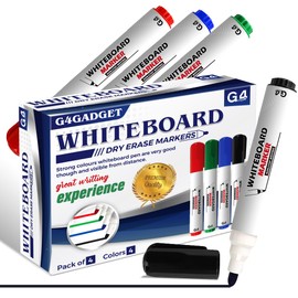 G4GADGET Whiteboard Markers Bullet Tip 4 Pack – Dry Erase Pens for Whiteboard, 4 Assorted Colours (Black, Blue, Red, Green) – Dry Wipe Markers for School, Office & Classroom Use