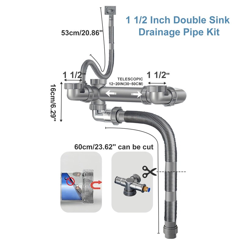 QruiLanTu Double Sink Drain Kit Space Saving Kitchen Sink Drain