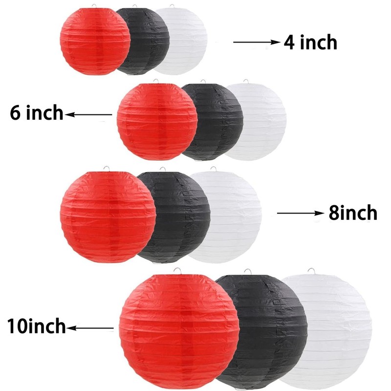12pcs Black Red White Paper Lanterns,Round Hanging Paper Lampshade,Birthday,Baby Shower,Wedding,Party,Ceiling