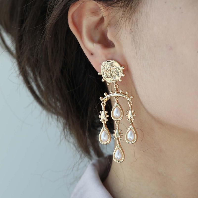 UPOWKA Vintage Pearl Drop Earrings, Gold Plated Chandelier Design with