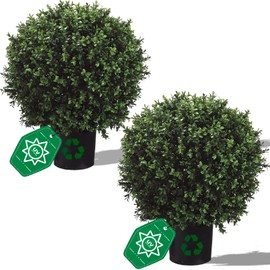 Real Touch Leaves Artificial Topiary Trees, 24" T with 17" W Faux Boxwood, Set of 2 UV Resistant Plants, Decorative Indoor Outdoor Trees with 6"x5" Pots for Home, Office, and Garden Decor