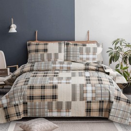 Plaid Bedding Quilt Set Full/Queen Lightweight Patchwork Bedspread Breathable Microfiber Geometric Coverlet Brown Grey Buffalo Check Bed Cover Classic Plaid Quilts