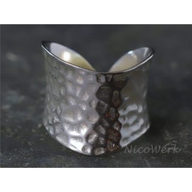 NicoWerk Silver Ring - Wide Ring in High Gloss Style - Hammered Design - Adjustable for Any Finger - High Quality - Gift Boxed 193, Sterling Silver, No Gemstone