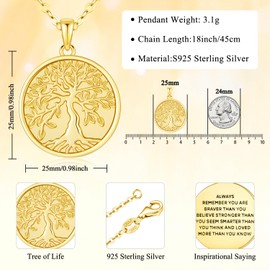 Aniu Gold Tree of Life Necklace for Women Sterling Silver Inspirational Necklace Family Tree Necklace for Mom Daughter Birthday 2024 Graduation Gift Jewelry