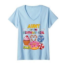 Womens Aunt of the Birthday Girl Candyland Colorful Lollipop Party V-Neck T-Shirt