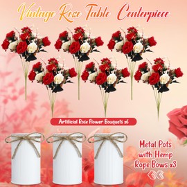 Domensi 3 Sets Valentine's Day Centerpiece for Table Artificial Rose with Vase 6 Pcs Fake Bouquets and 3 Pcs Metal Pot Floral Arrangements for Wedding Party Event Table Decor (Red)