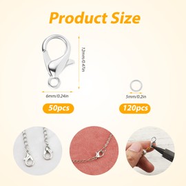 50pcs Lobster Clasps for Jewelry Making, 120pcs Open Jump Rings Connectors Metal Bracelet Clasps and Closures Jewelry Connector for Necklace Bracelet Earring DIY Making (Silver)
