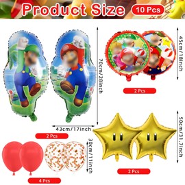 Pianocean Ma-rio Birthday Decorations Balloons, 10pcs Cartoon Foil Balloons Set, Kids Party Decorations Cartoon Helium Balloons for Boys Girls Birthday Party Supplies Decorations
