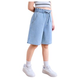 GORGLITTER Girl's Denim Jeans Shorts Baggy Bow Elastic High Waist Straight Wide Leg Shorts Light Wash 12 Years