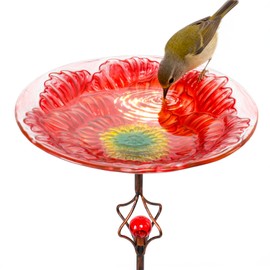 MUMTOP Solar Bird Bath for Outdoor, Glass Bowl Metal Stake Garden Decor Red