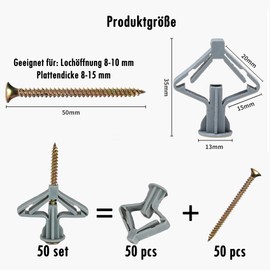 MAEXUS 50 Screws with Dowels, Plasterboard Dowels and Screws Set, Cavity Dowels, Wall Plugs, Wall Plugs and Screws Set for Installing Brackets, Cabinets