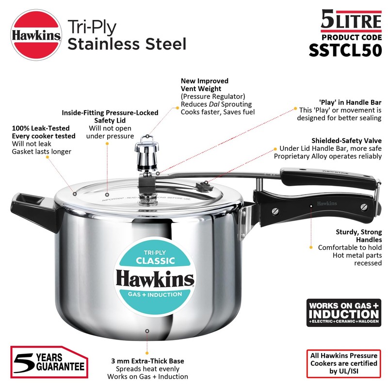 Hawkins Classic 5 Litre Tri-Ply Pressure Cooker, Triply Stainless Steel