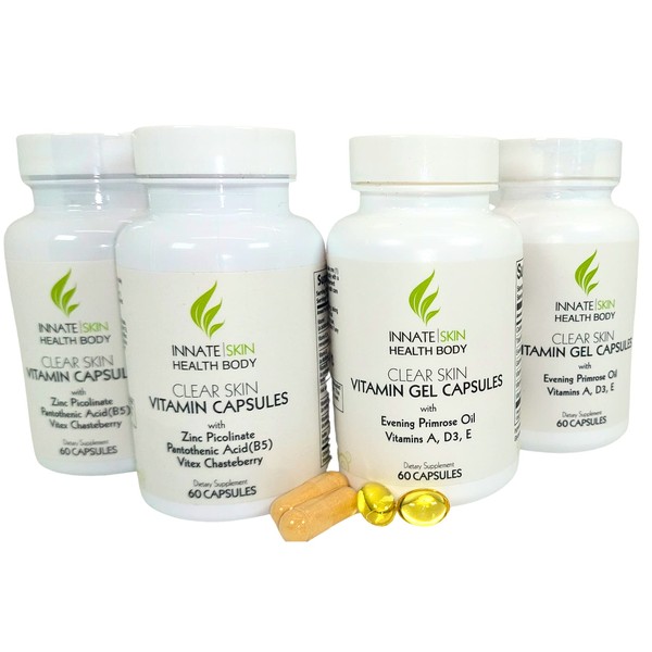 Clear Skin Acne Vitamin Pack | 20 Botanicals, Minerals & Vitamins | Acne Vitamins for Women & Men 60 Count Pack of 4 by Innate Skin