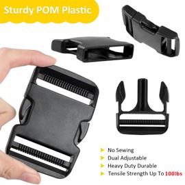 Buckle and Strap Set 1 Inch: 6 Yards of Thick Nylon Webbing, 6 Pcs of Heavy Duty Adjustable Quick Side Release Plastic Buckles, 12 pcs Three-way Sliding Plastic Buckle Clips, 6 Pcs Metal D Rings