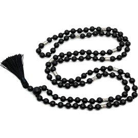 Hand-knotted Black Onyx Mala Necklace (8mm 108 Beads) with Zinc Alloy Spacers - Capricorn and Leo Birthstone Crystals